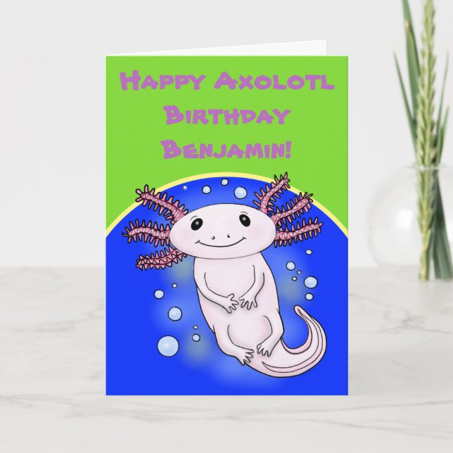 Happy axolotl birthday blue bubbles cartoon card (Front)