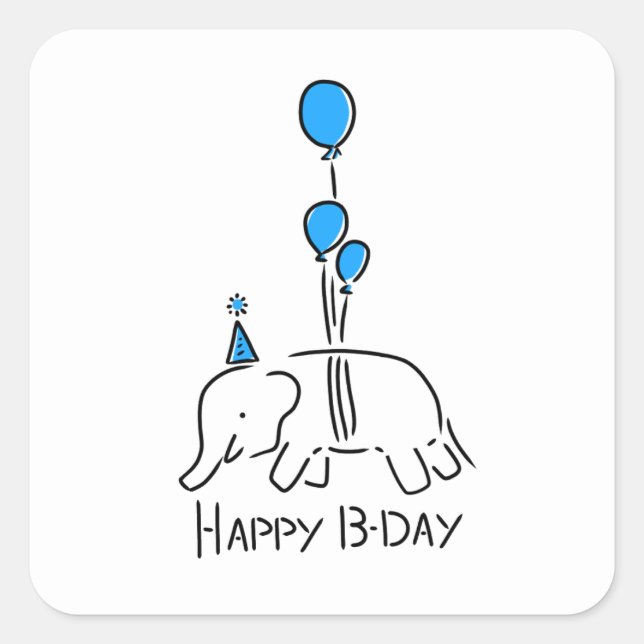Happy b day, elephant blue square sticker (Front)