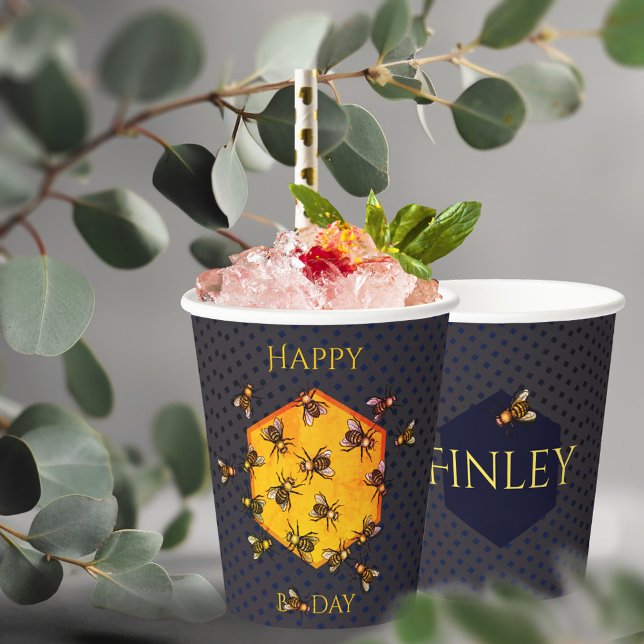 Happy B Day Honey Bees Black Yellow Funny Birthday Paper Cups (Creator Uploaded)