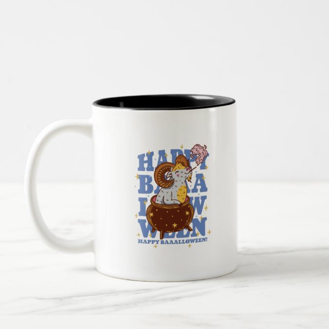 HAPPY BAAALLOWEEN! GOAT IN CAULDRON HALLOWEEN Two-Tone COFFEE MUG (Left)