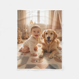 Happy Baby And Golden Retriever Best Friends Fleec Fleece Blanket