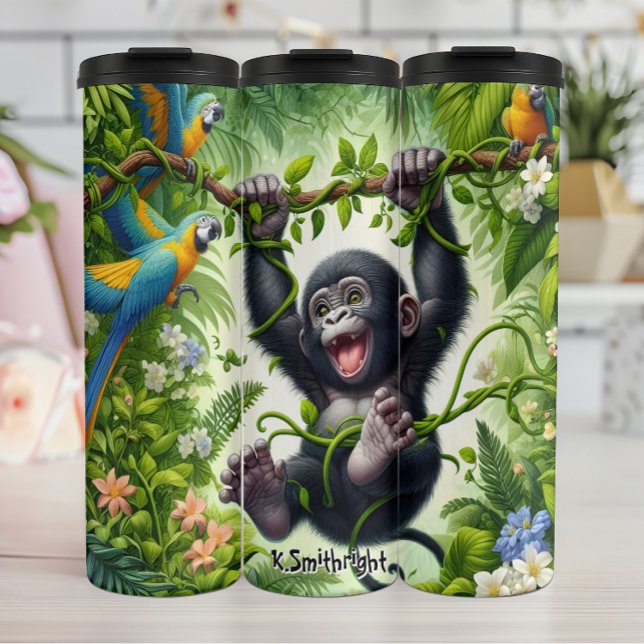 Happy Baby Gorilla Swinging in Jungle Thermal Tumbler (Creator Uploaded)