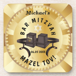 Happy Bar Mitzvah 20XX Gold Decorative Coaster