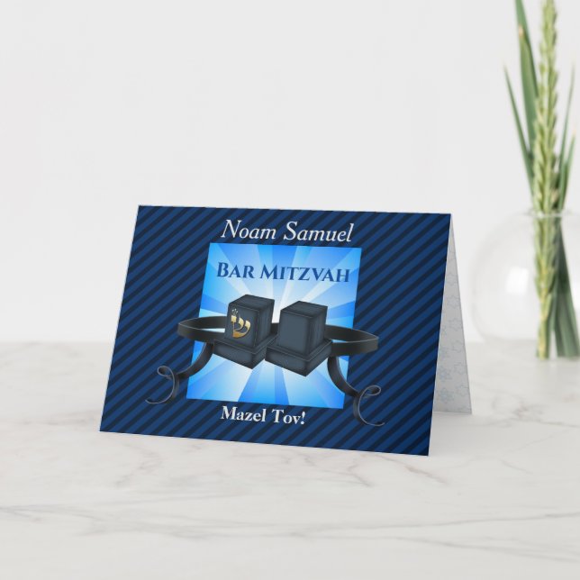 Happy Bar Mitzvah 20XX Tefillin Blue Invitation (Front)