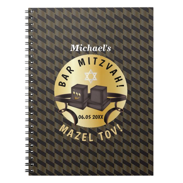 Happy Bar Mitzvah 20XX Tefillin Gold Decorative Notebook (Front)