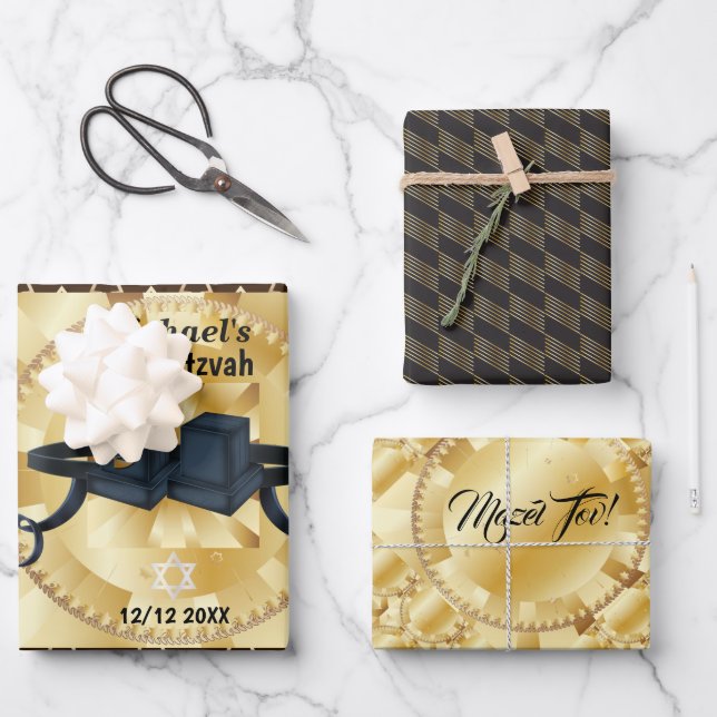 Happy Bar Mitzvah 20XX Tefillin Modern Personalise Wrapping Paper Sheet (Front)