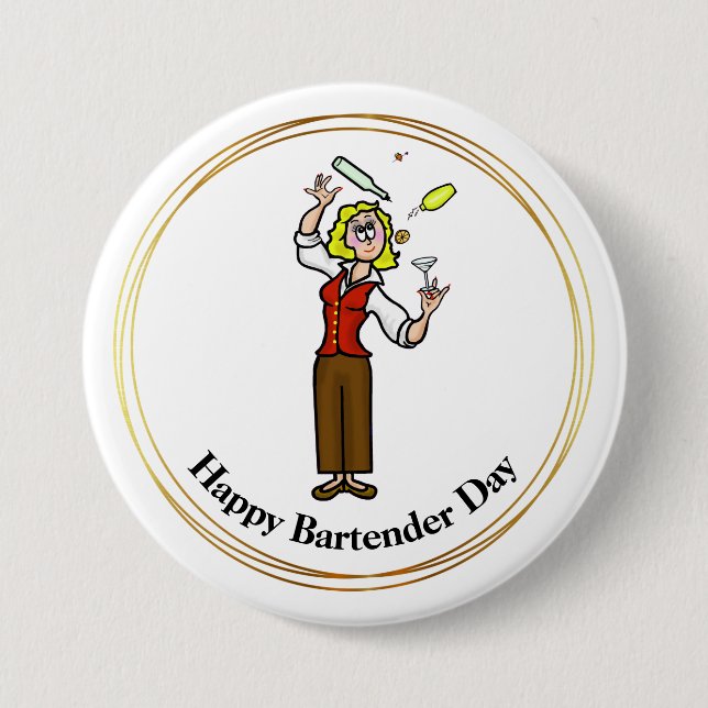 Happy Bartender Day Button- Cartoon Female  7.5 Cm Round Badge (Front)