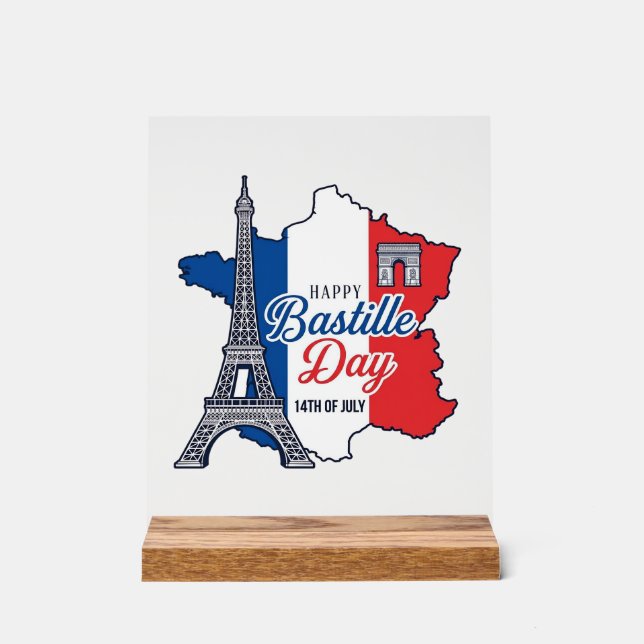 Happy Bastille Day France Map Eiffel Tower Vector_ Acrylic Sign (Front)