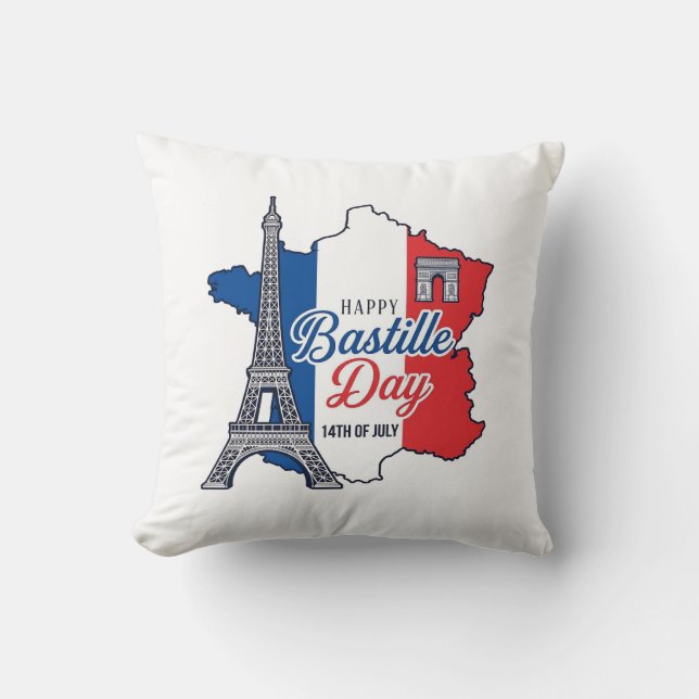 Happy Bastille Day France Map Eiffel Tower Vector_ Cushion (Front)
