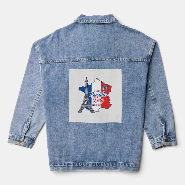 Happy Bastille Day France Map Eiffel Tower Vector_ Denim Jacket (Back)