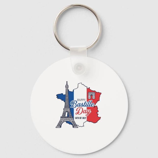 Happy Bastille Day France Map Eiffel Tower Vector_ Key Ring (Front)
