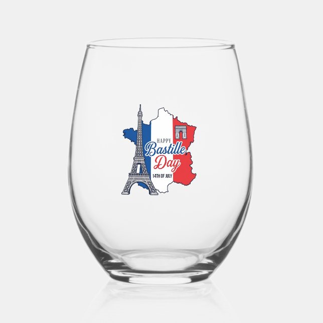 Happy Bastille Day France Map Eiffel Tower Vector_ Stemless Wine Glass (Front)