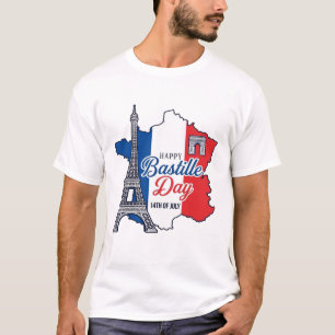 Happy Bastille Day France Map Eiffel Tower Vector_ T-Shirt