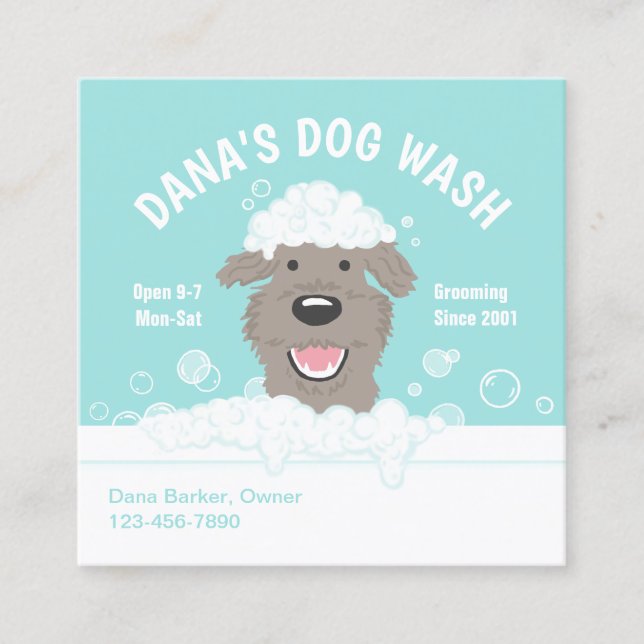 Happy Bathtub Dog | Pet Grooming | Cute Cartoon Square Business Card (Front)