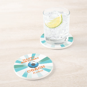 Happy Bday Soccer Coach Orange/Teal/Blue Starburst Coaster