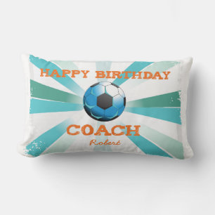 Happy Bday Soccer Coach Orange/Teal/Blue Starburst Lumbar Cushion
