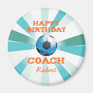 Happy Bday Soccer Coach Orange/Teal/Blue Starburst Magnet