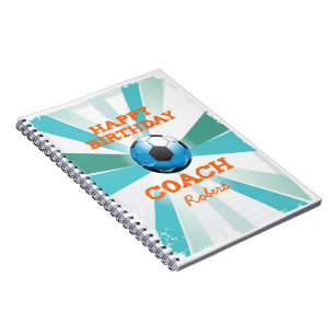 Happy Bday Soccer Coach Orange/Teal/Blue Starburst Spiral Notebook