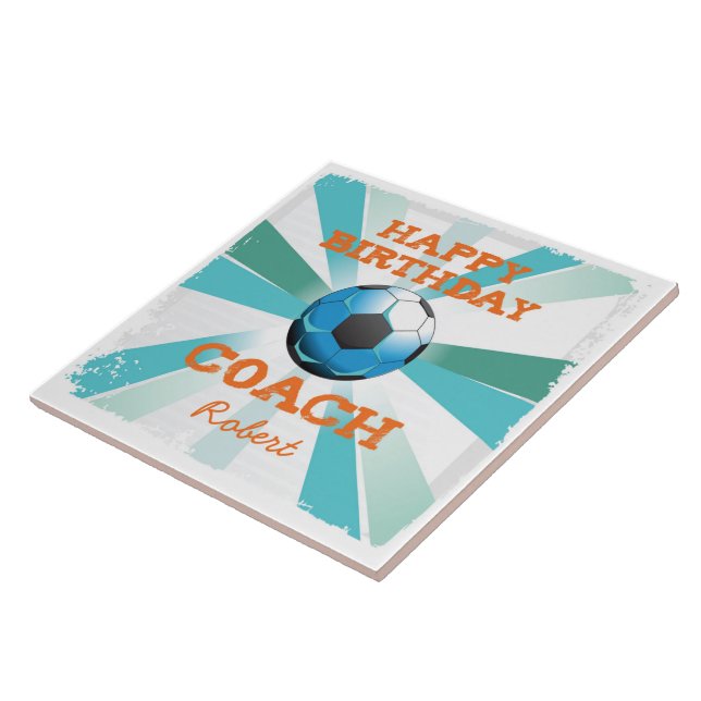 Happy Bday Soccer Coach Orange/Teal/Blue Starburst Tile (Side)