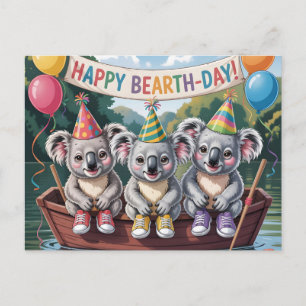 "Happy Bearth-Day" Koala Boat Party Illustration Postcard
