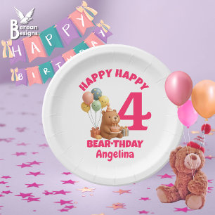 HAPPY BEARTHDAY Cute Teddy Bear 4th Birthday Paper Plate