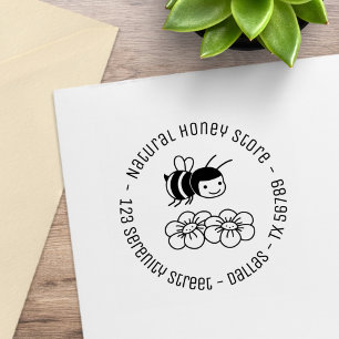 Happy Bee and Flowers Round Business Address 4 Rubber Stamp