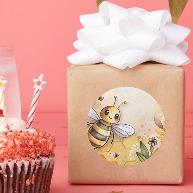 Happy Bee Classic Round Sticker (Party)