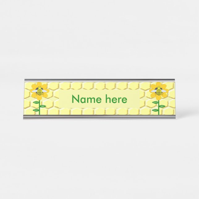 Happy Bee Day Birthday Bumblebee Custom Desk Name Plate (Front)