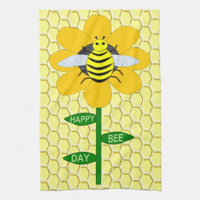 Happy Bee Day Birthday Bumblebee Tea Towel (Vertical)