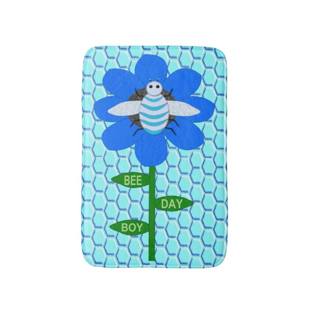 Happy Bee Day Boy Blue Birthday Bumblebee Bath Mat (Front Vertical)
