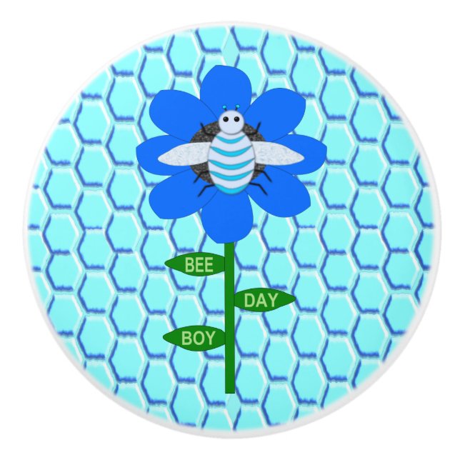 Happy Bee Day Boy Blue Birthday Bumblebee Ceramic Knob (Front)