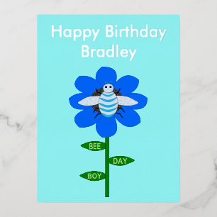 Happy Bee Day Boy Blue Birthday Bumblebee Custom Foil Holiday Postcard
