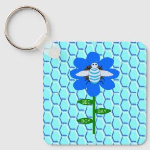 Happy Bee Day Boy Blue Birthday Bumblebee Custom Key Ring