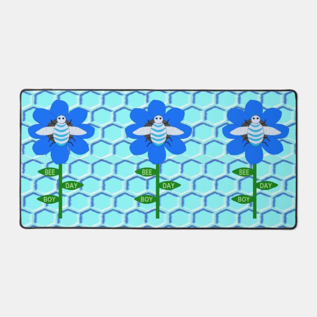 Happy Bee Day Boy Blue Birthday Bumblebee Desk Mat (Front)
