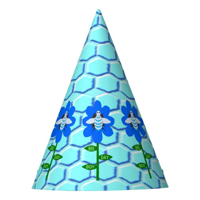 Happy Bee Day Boy Blue Birthday Bumblebee Party Hat (Front)