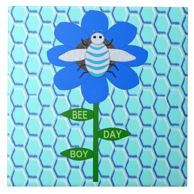 Happy Bee Day Boy Blue Birthday Bumblebee Tile (Front)