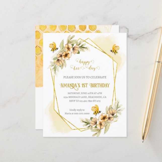 Happy Bee-day First Birthday Invitation (Front/Back In Situ)