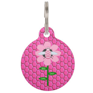 Happy Bee Day Girl Pink Birthday Bumblebee Custom Pet Tag