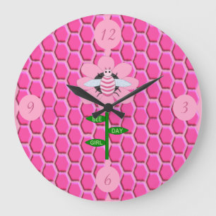Happy Bee Day Girl Pink Birthday Bumblebee Large Clock