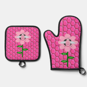 Happy Bee Day Girl Pink Birthday Bumblebee Oven Mitt & Pot Holder Set