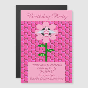 Happy Bee Day Girl Pink Birthday Bumblebee Party Magnetic Invitation