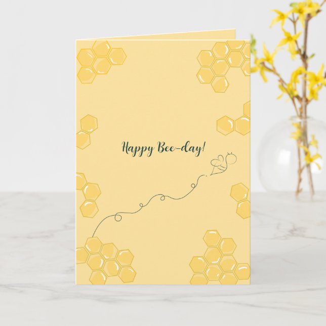 Happy Bee-day!” Honeycomb Bee Birthday Card (Yellow Flower)