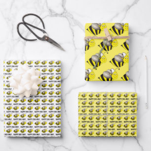 Happy Bee Day Yellow Bumblebee Birthday Party Wrapping Paper Sheet