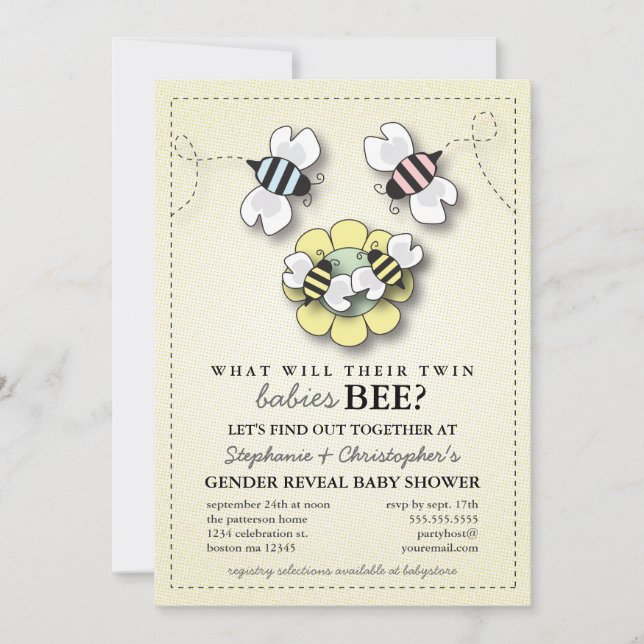 Happy Bee Family Twins Gender Reveal Baby Shower Invitation (Front)