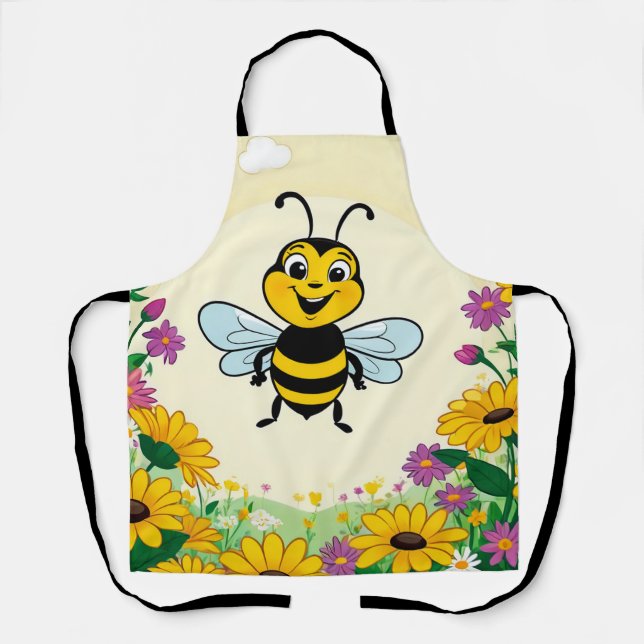 Happy Bee In Colourful  Flowers  Apron (Front)