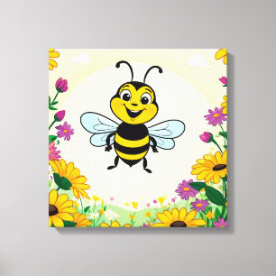 Happy Bee In Colourful Flowers Canvas Print