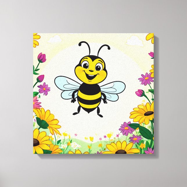 Happy Bee In Colourful  Flowers  Canvas Print (Front)