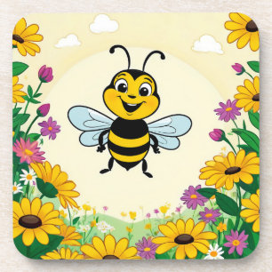 Happy Bee In Colourful  Flowers  Coaster