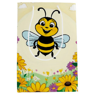 Happy Bee In Colourful Flowers Medium Gift Bag