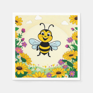 Happy Bee In Colourful  Flowers  Napkin